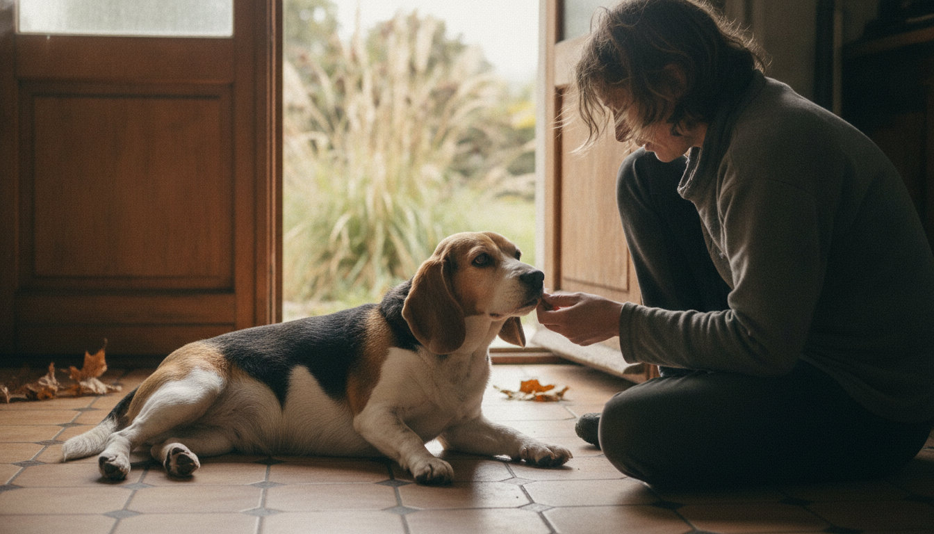 Un beagle fatigué allongé au sol ignore une friandise présentée par une personne accroupie devant lui dans une cuisine d'automne.
