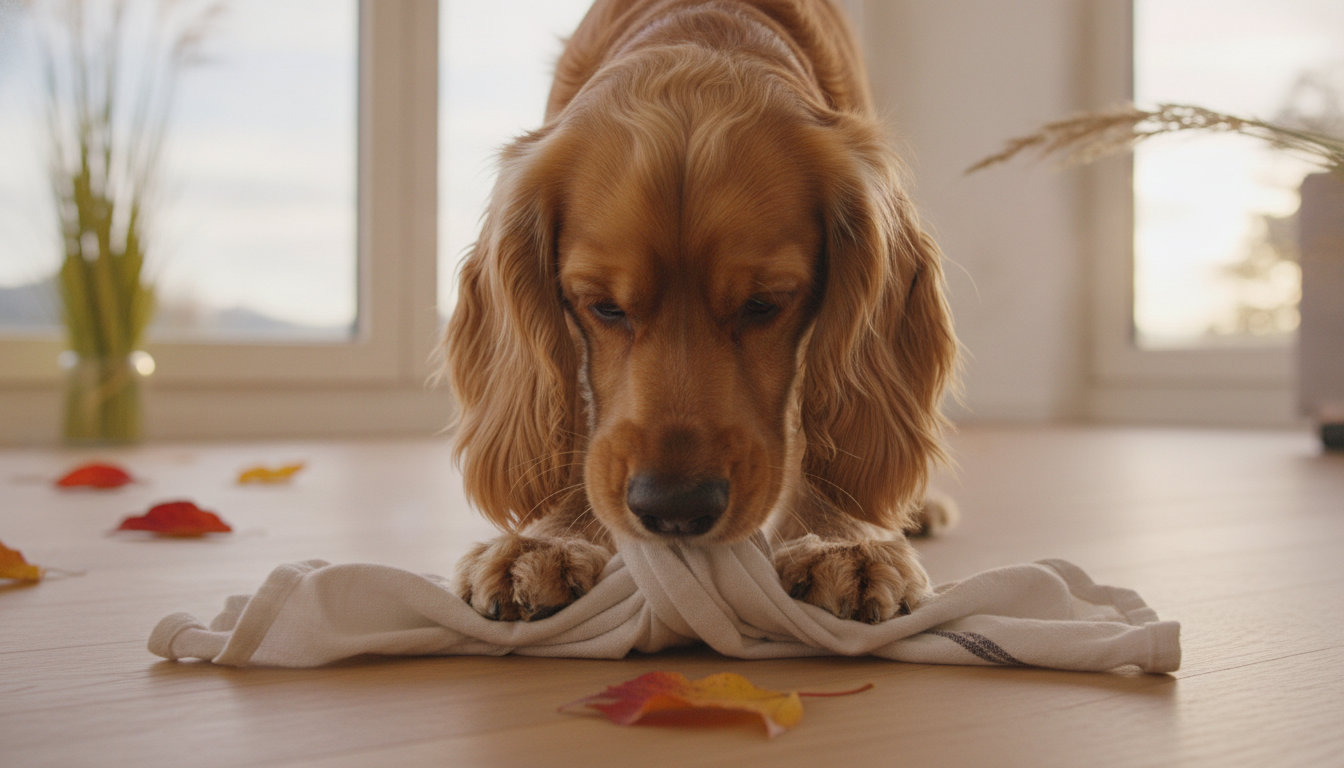 Un cocker spaniel fouille un torchon noué avec sa truffe, allongé sur un parquet intérieur éclairé par la lumière naturelle du soir.