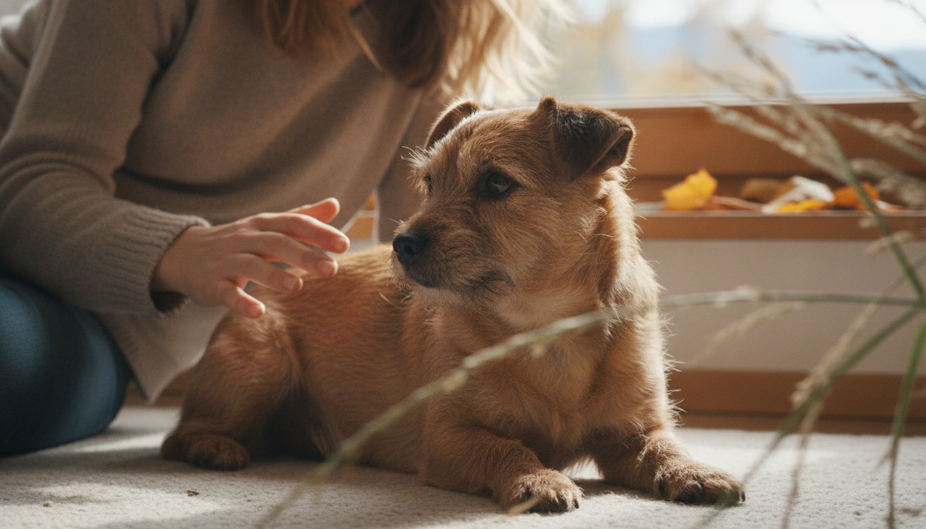 Un petit chien roux allongé se raidit en détournant la tête, tandis qu'une main humaine s'approche lentement sans insister.