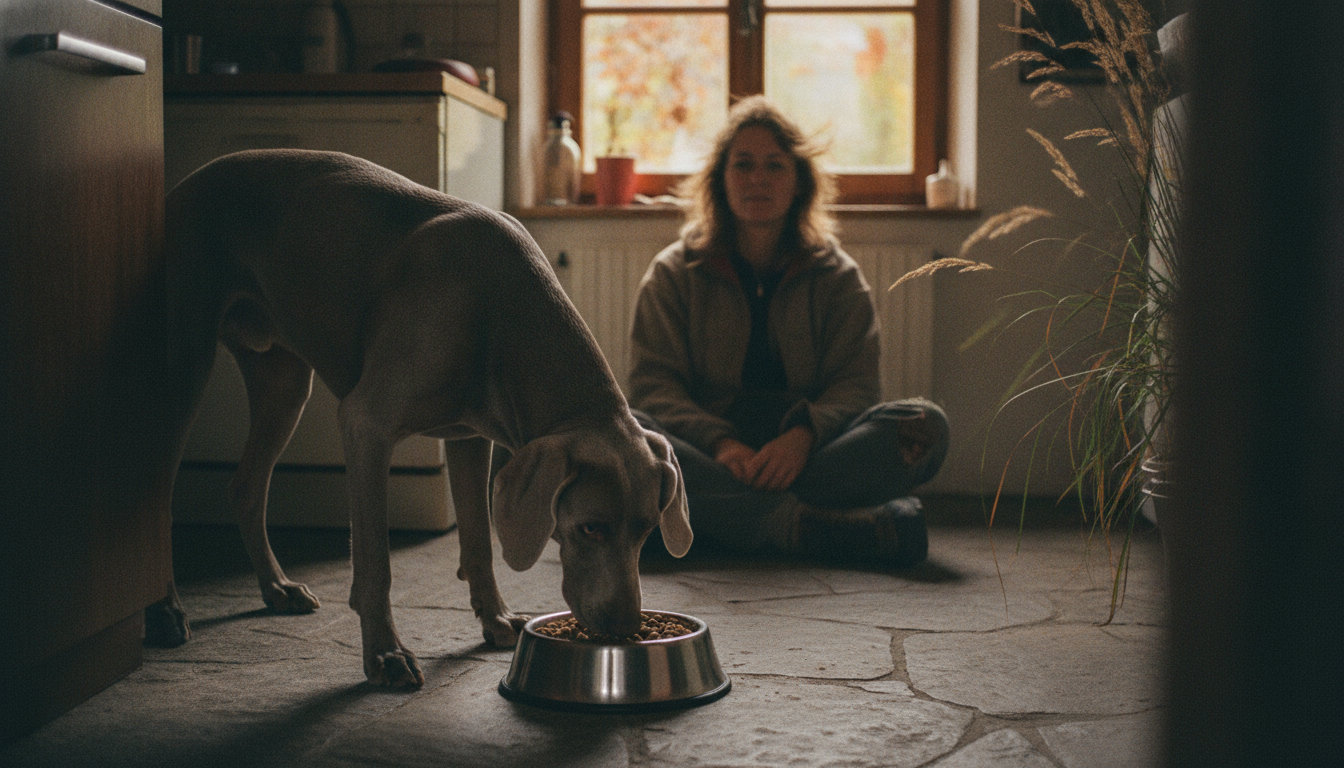 Un chien gris examine son bol de croquettes en le reniflant, tandis qu'une personne assise en arrière-plan l'observe calmement sans intervenir.