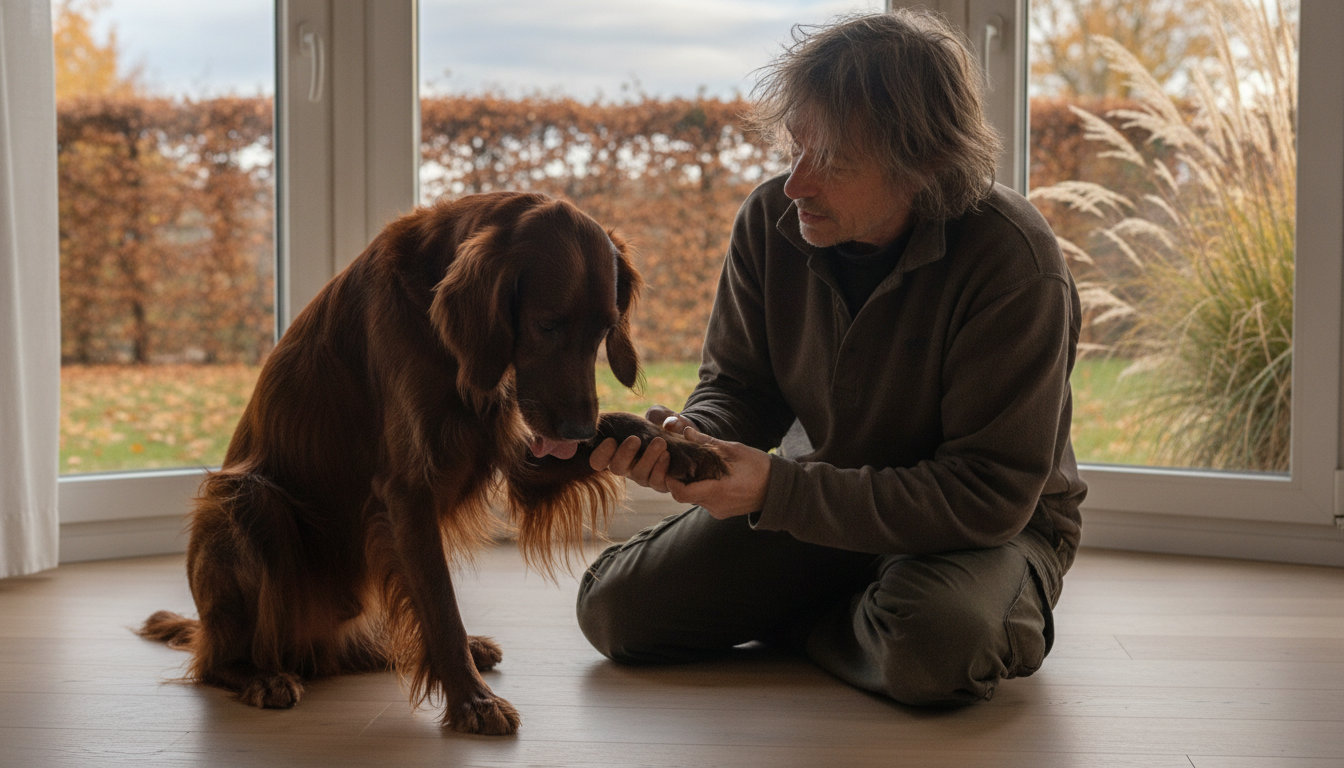 Un setter irlandais assis lèche sa patte avant tandis qu'une personne accroupie à côté l'observe attentivement dans un salon inondé de lumière automnale.