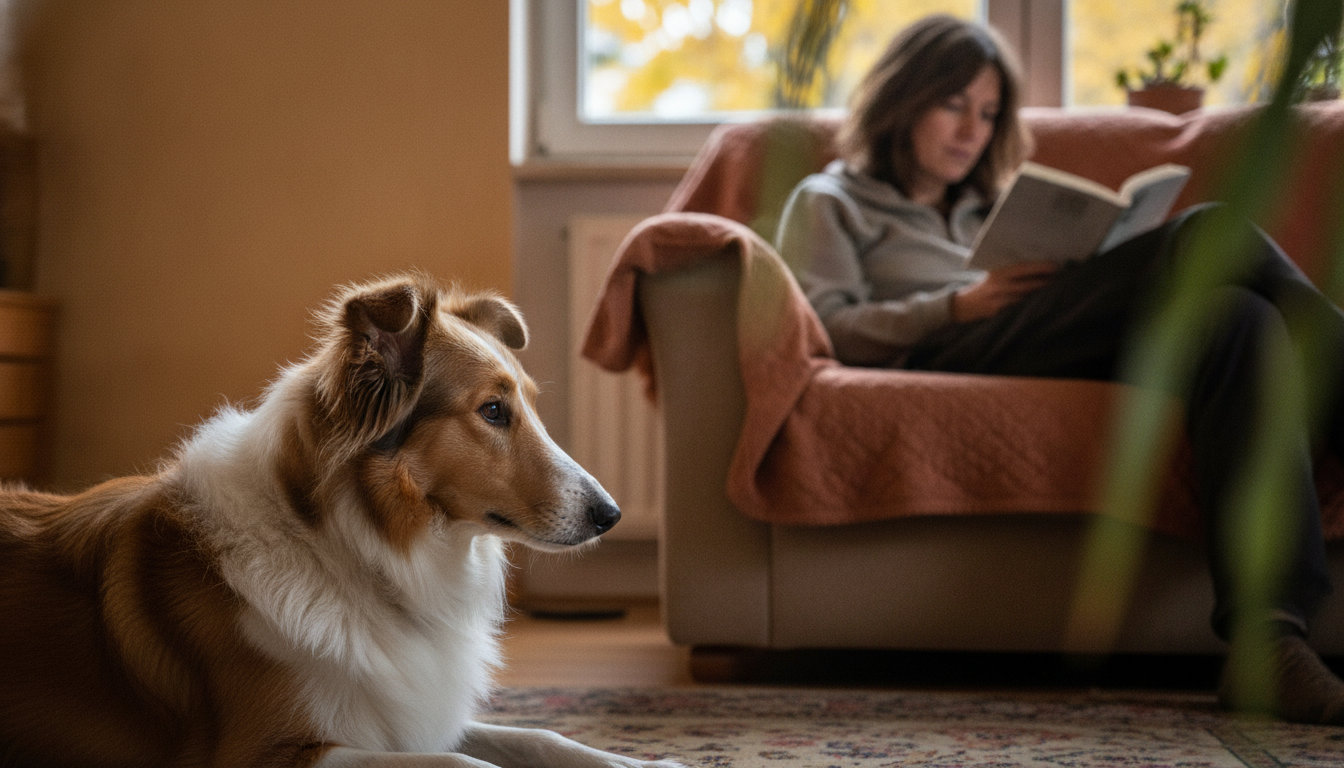 Un chien allongé au sol regarde intensément une personne assise sur un canapé qui lit un livre, dans un salon aux couleurs chaudes d'automne.